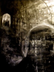 New painting/drawing for my ongoing Hamlet project. The ghost re-enters and is harried by Horatio. Graphite/charcoal/ink/acrylic/dry pigment. Text accompanying image: HORATIO: But soft, behold! lo, where it comes again! I'll cross it, though it blast me. Stay, illusion!