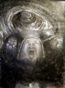 Graphite/charcoal/ink/acrylic/dry pigment. Text accompanying image: MARCELLUS Shall I strike at it with my partisan? HORATIO Do, if it will not stand. BERNARDO 'Tis here! HORATIO 'Tis here! MARCELLUS 'Tis gone!